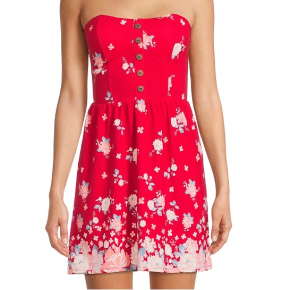 Strapless Red Floral Juniors Button-Front Foam Cup Dress Size XL/XG (15-17) - Picture 3 of 15